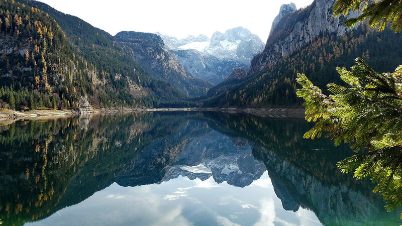Mountain Lake Reflection — Green, Serene, Autumn, Photograph, Trees, Mountains, Pine Branches