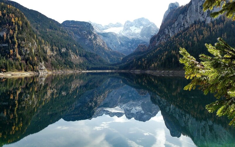 Mountain Lake Reflection — Green, Serene, Autumn, Photograph, Trees, Mountains, Snow