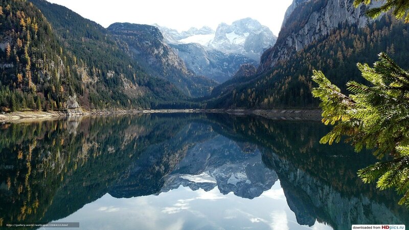 Mountain Lake Reflection — Green, Serene, Autumn, Photograph, Trees, Snow-capped Mountains