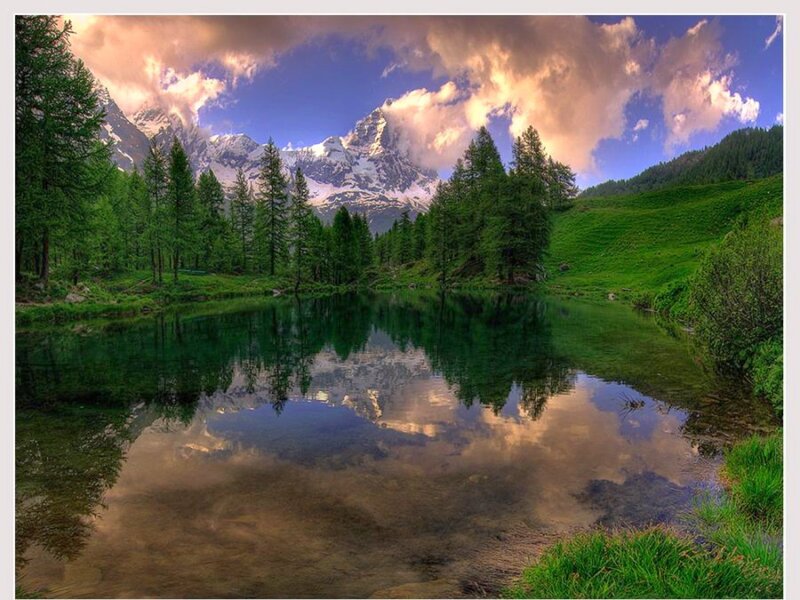 Mountain Lake Reflection — Green, Serene, Dusk