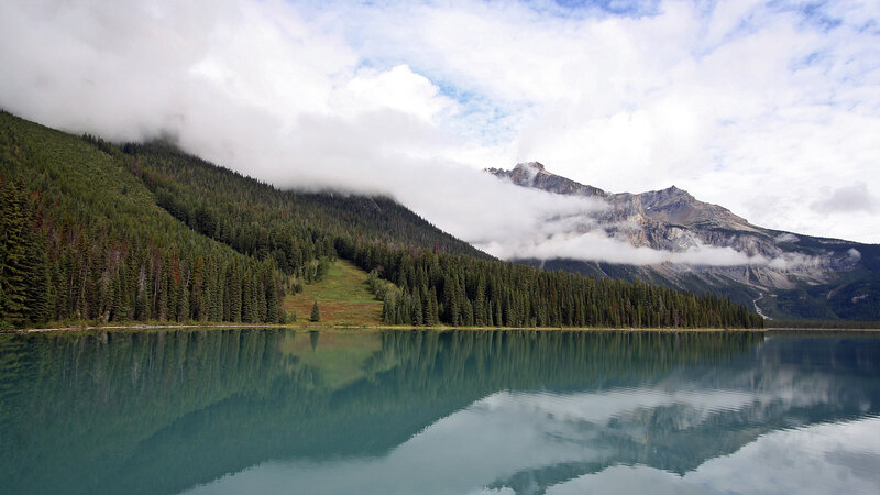 Mountain Lake Reflection — Green, Serene, Morning, Photograph, Forest, Clouds, Mountains, Blue, White