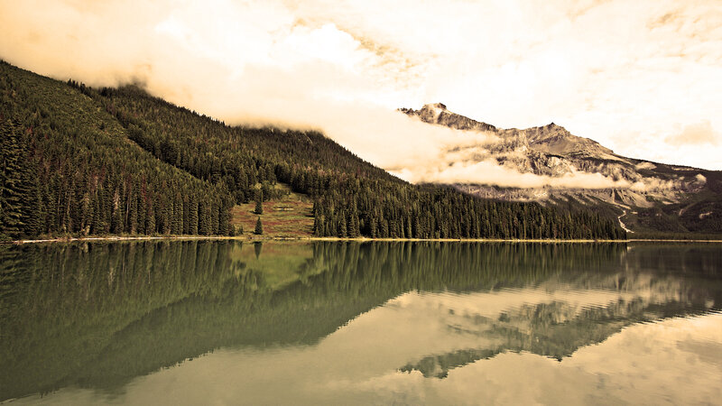 Mountain Lake Reflection — Green, Serene, Morning, Photograph, Forest, Clouds, Mountains, Brown