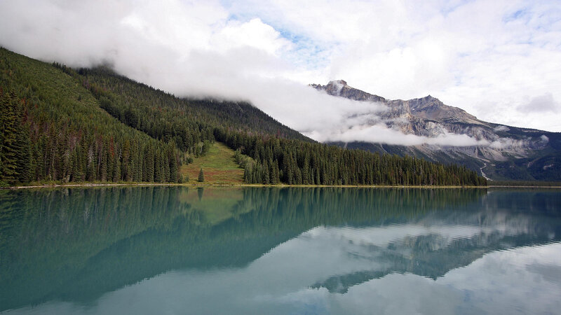Mountain Lake Reflection — Green, Serene, Morning, Photograph, Forest, Clouds