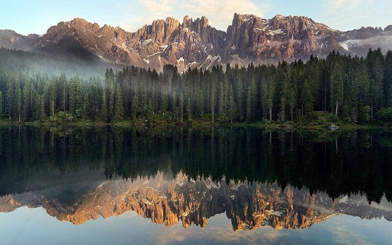Mountain Lake Reflection — Green, Serene, Morning, Photograph, Forest, Mountains, Mist, Blue