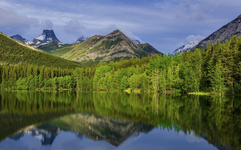 Mountain Lake Reflection — Green, Serene, Morning, Photograph, Forest, Mountains, Sky, Blue