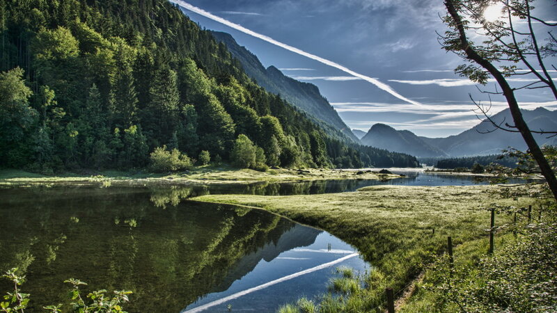 Mountain Lake Reflection — Green, Serene, Morning, Photograph, Forest, Mountains, Sky