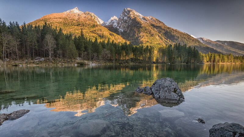 Mountain Lake Reflection — Green, Serene, Morning, Photograph, Forest, Rock