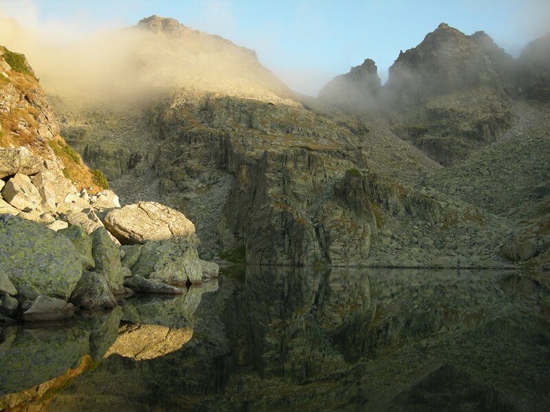 Mountain Lake Reflection — Green, Serene, Morning, Photograph, Mountains, Fog