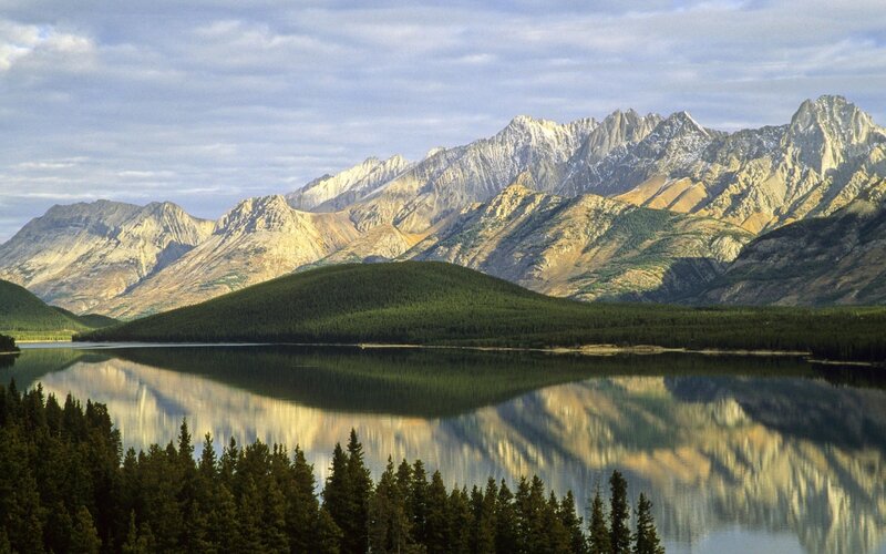 Mountain Lake Reflection — Green, Serene, Morning, Photograph, Mountains, Forest, Blue, Gray
