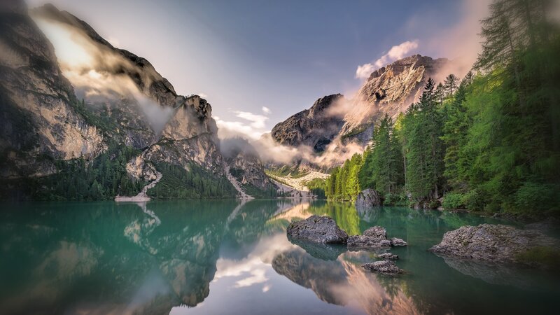 Mountain Lake Reflection — Green, Serene, Morning, Photograph, Mountains, Forest, Clouds, Rocks