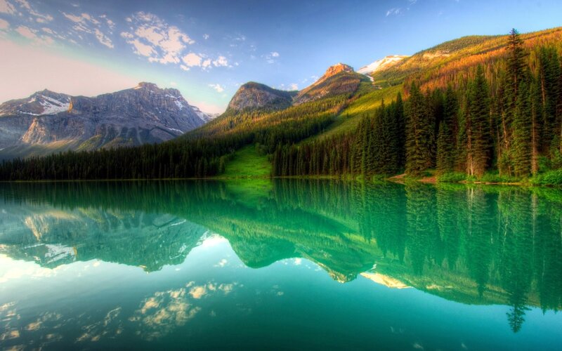 Mountain Lake Reflection — Green, Serene, Morning, Photograph, Mountains, Forest, Sky, Blue, White