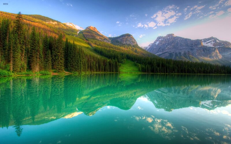 Mountain Lake Reflection — Green, Serene, Morning, Photograph, Mountains, Forest, Sky, Clouds