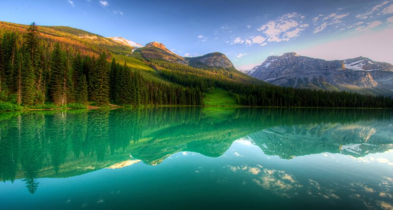 Mountain Lake Reflection — Green, Serene, Morning, Photograph, Mountains, Forest, Sky