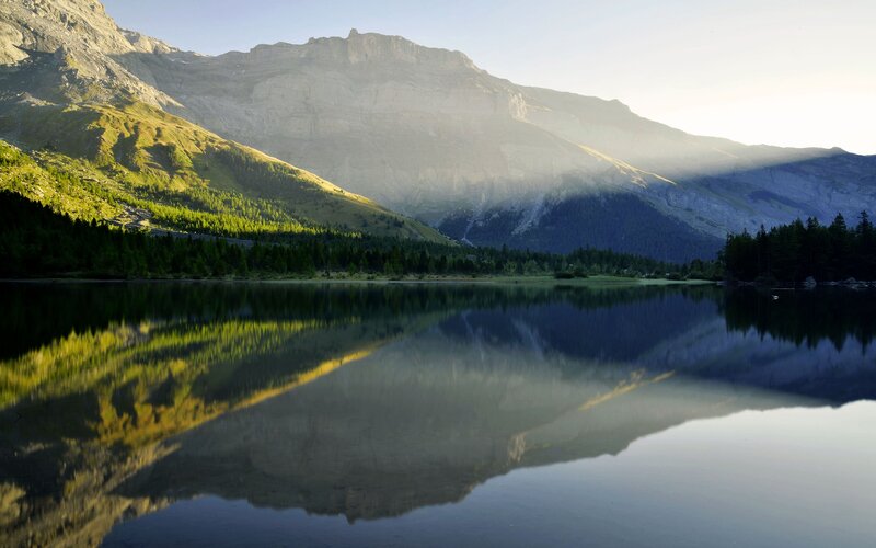Mountain Lake Reflection — Green, Serene, Morning, Photograph, Mountains, Forest, Sunlight