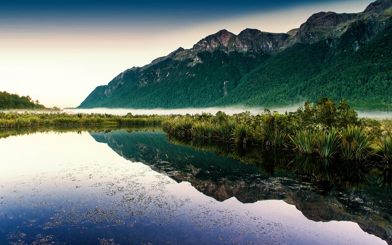 Mountain Lake Reflection — Green, Serene, Morning, Photograph, Mountains, Mist