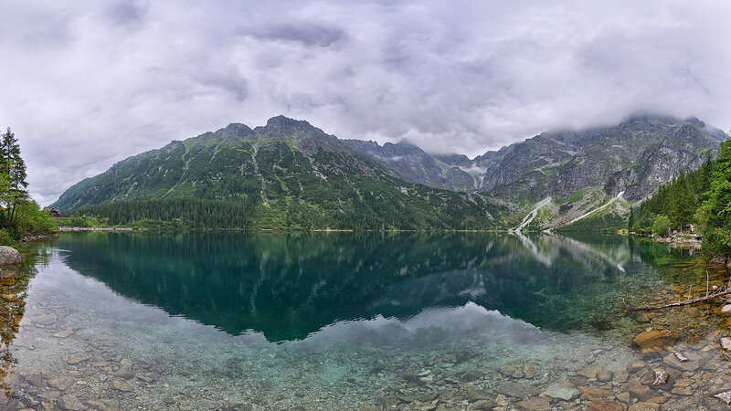 Mountain Lake Reflection — Green, Serene, Morning, Photograph, Mountains, Trees, Clouds