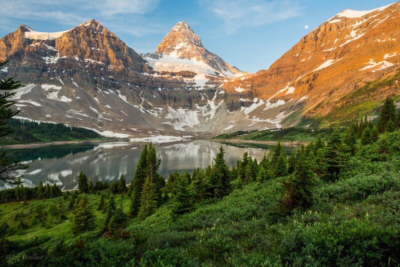 Mountain Lake Reflection — Green, Serene, Morning, Photograph, Mountains, Trees, Moon