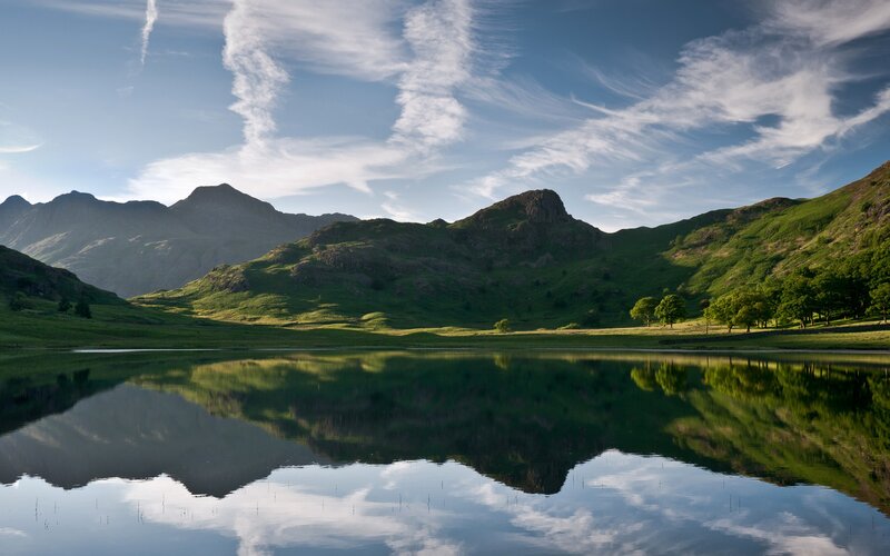 Mountain Lake Reflection — Green, Serene, Morning, Photograph, Mountains, Trees, Sky, Blue