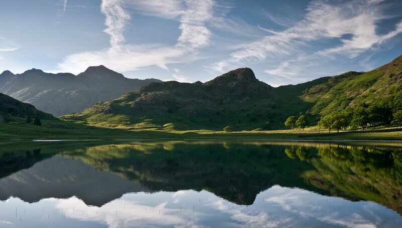Mountain Lake Reflection — Green, Serene, Morning, Photograph, Mountains, Trees, Sky, Blue, White