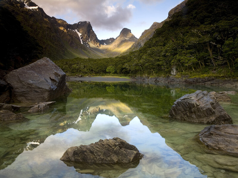 Mountain Lake Reflection — Green, Serene, Morning, Photograph