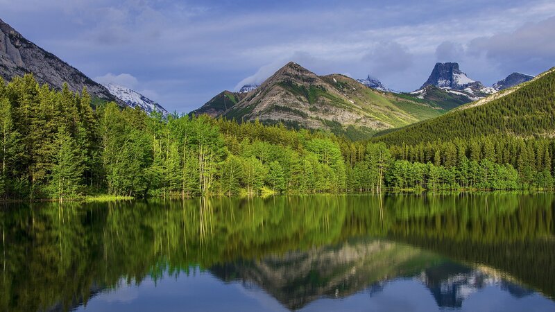 Mountain Lake Reflection — Green, Serene, Morning, Photograph, Trees, Mountains, Forest
