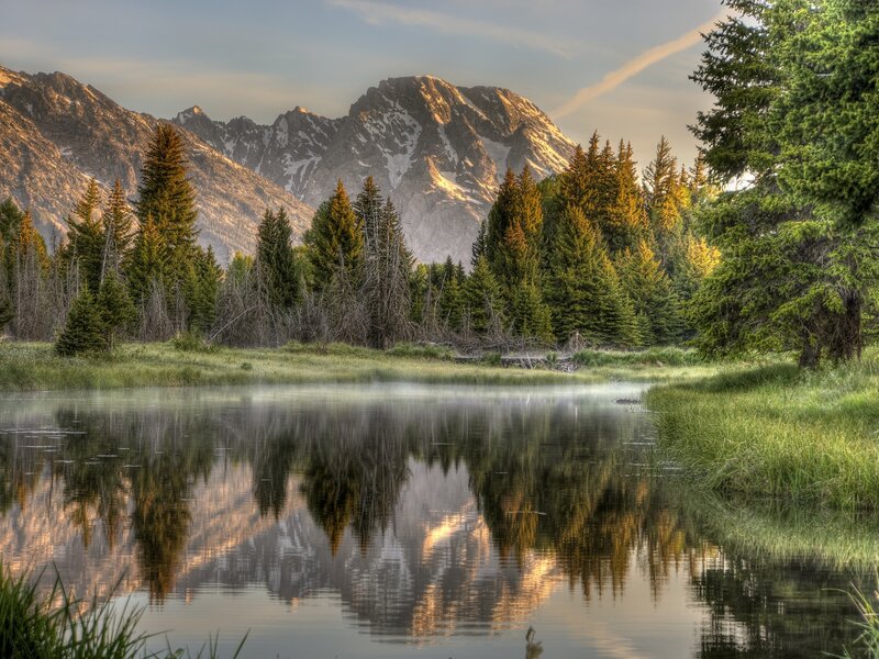 Mountain Lake Reflection — Green, Serene, Morning, Photograph, Trees, Mountains, Mist