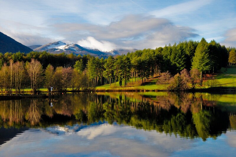 Mountain Lake Reflection — Green, Serene, Morning, Photograph, Trees, Mountains, Sky, Pond