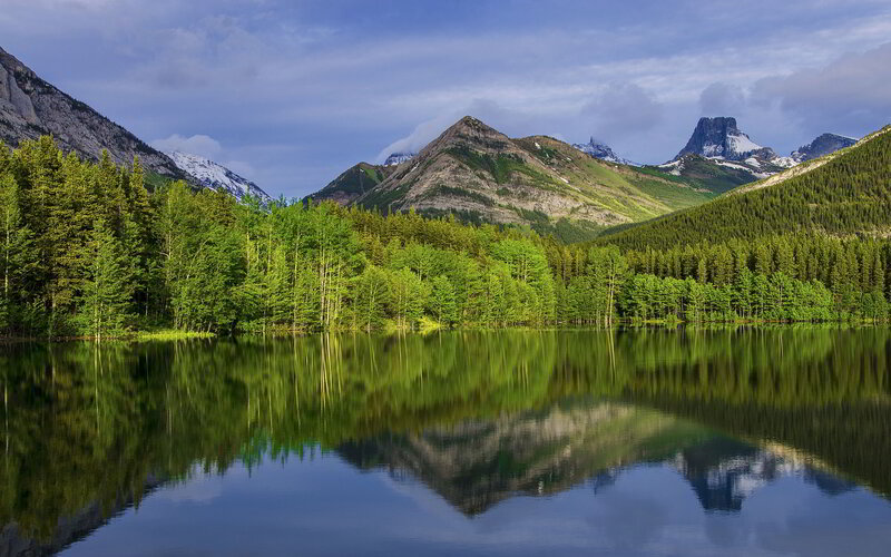 Mountain Lake Reflection — Green, Serene, Morning, Photograph, Trees, Mountains, Sky