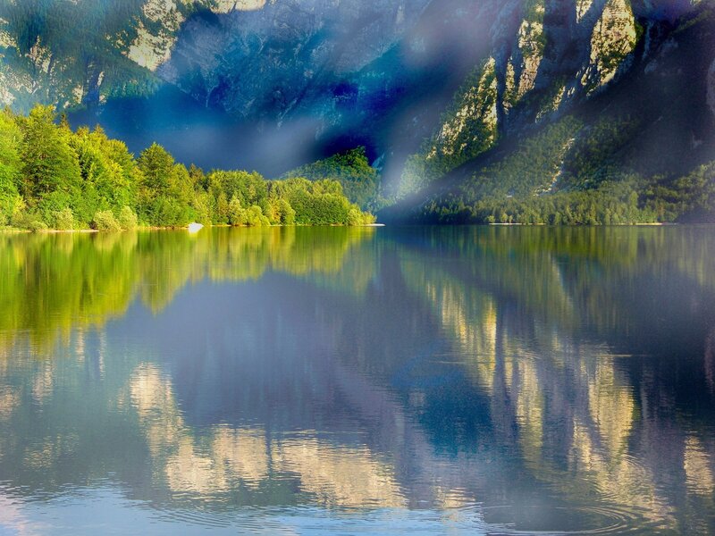 Mountain Lake Reflection — Green, Serene, Morning, Photograph, Trees, Mountains, Sunlight