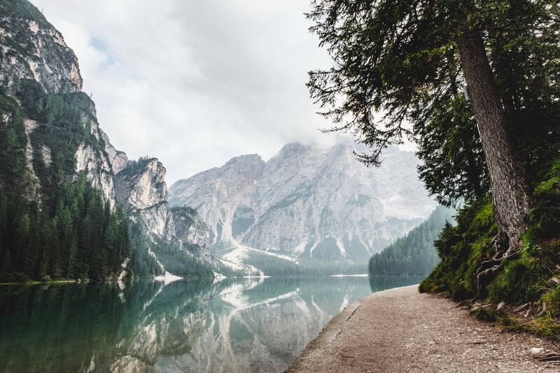 Mountain Lake Reflection — Green, Serene, Morning, Photograph, Trees, Path