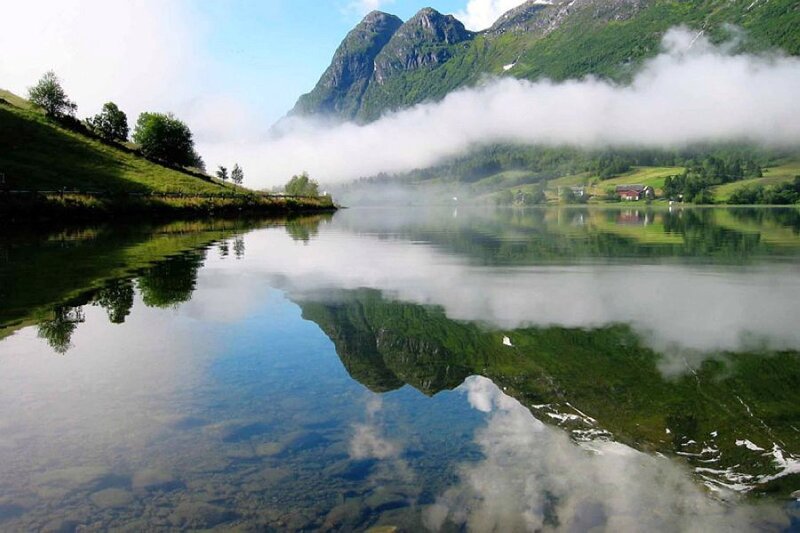 Mountain Lake Reflection — Green, Serene, Morning