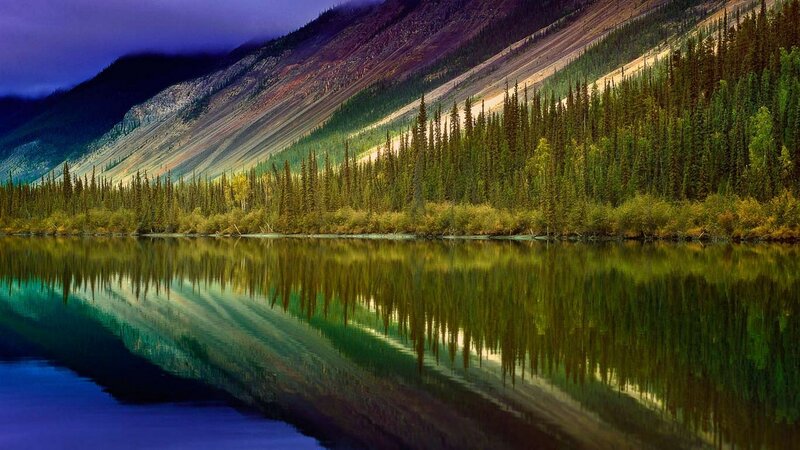 Mountain Lake Reflection — Green, Serene, Night
