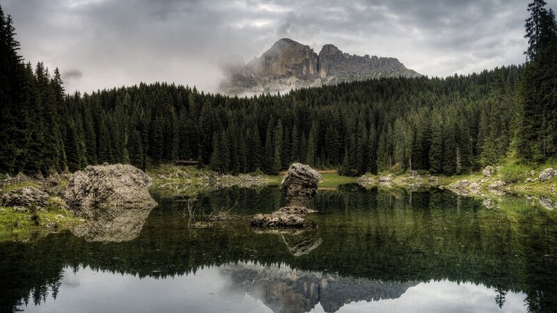 Mountain Lake Reflection — Green, Serene, Photograph, Forest, Rock