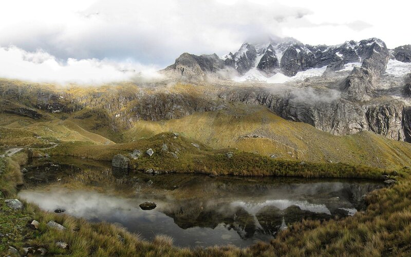 Mountain Lake Reflection — Green, Serene, Photograph, Mountains, Clouds