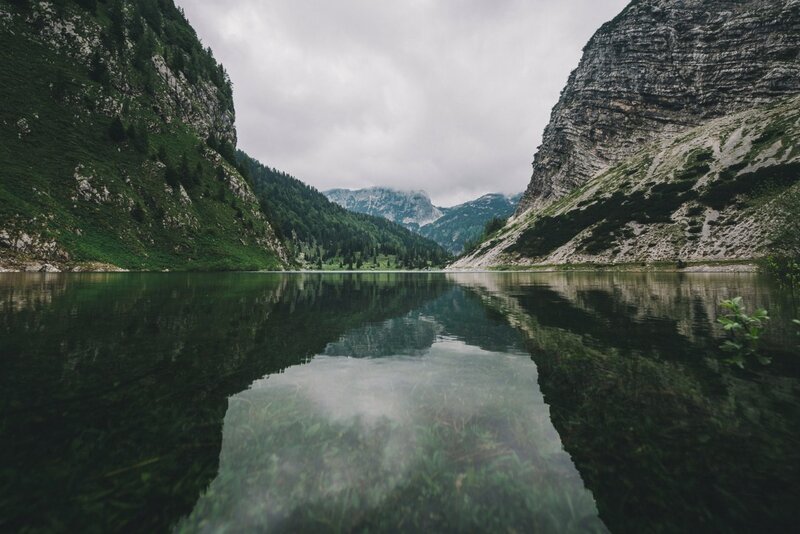 Mountain Lake Reflection — Green, Serene, Photograph, Mountains, Forest