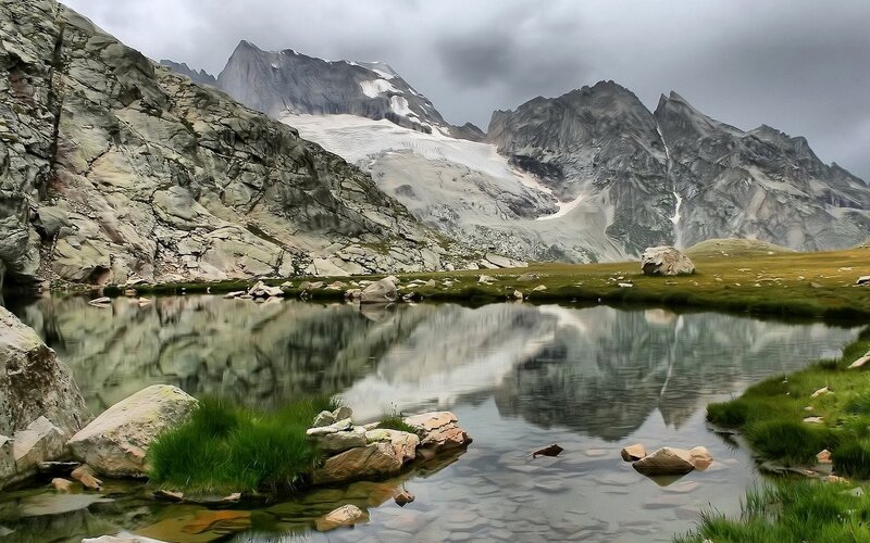 Mountain Lake Reflection — Green, Serene, Photograph, Mountains