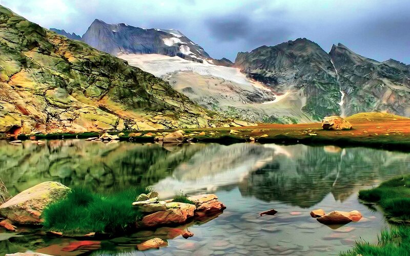 Mountain Lake Reflection — Green, Serene, Photograph