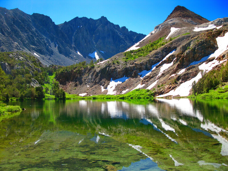 Mountain Lake Reflection — Green, Serene, Summer, Photograph, Mountains, Snow Patches