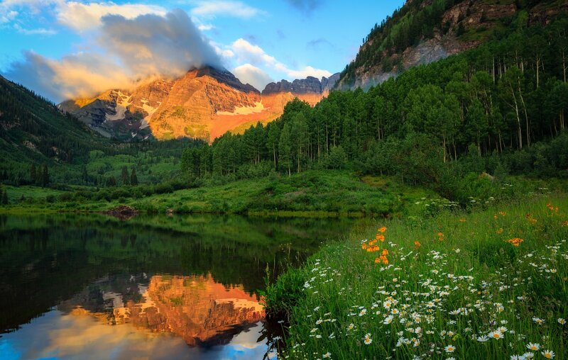 Mountain Lake Reflection — Green, Serene, Sunrise, Photograph