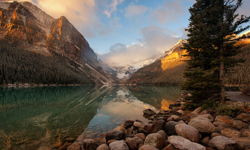 Mountain Lake Reflection — Green, Serene, Sunrise