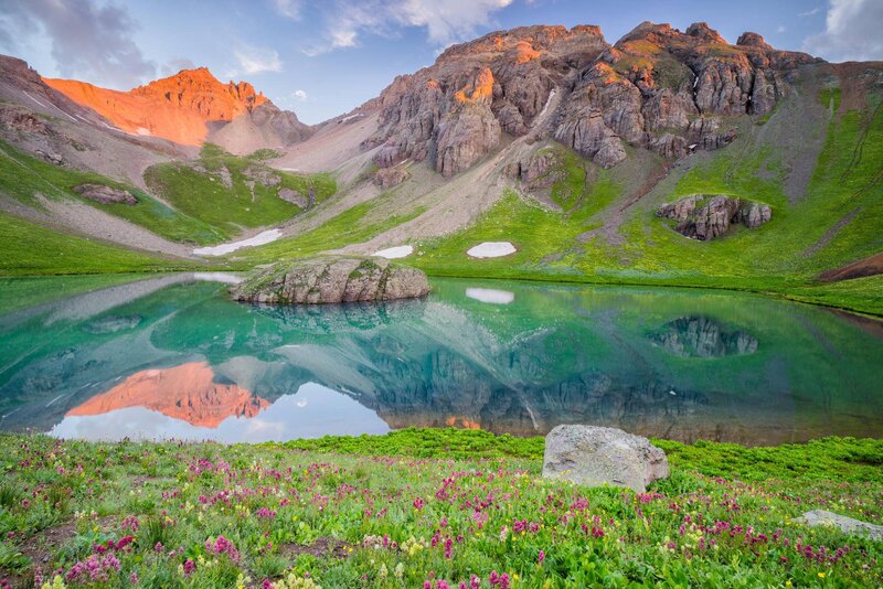 Mountain Lake Reflection — Green, Serene, Sunset, Photograph, Flowers