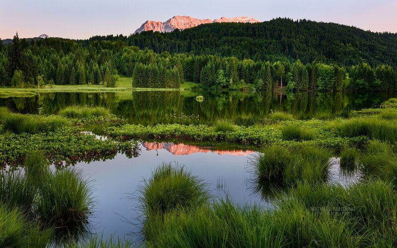 Mountain Lake Reflection — Green, Serene, Sunset, Photograph, Forest, Mountains