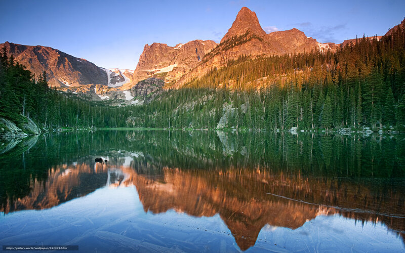 Mountain Lake Reflection — Green, Serene, Sunset, Photograph, Forest, Snow