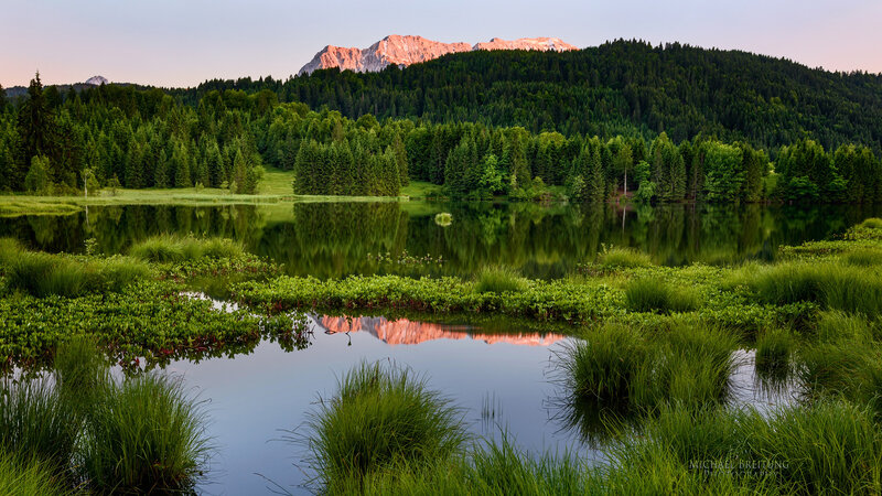 Mountain Lake Reflection — Green, Serene, Sunset, Photograph, Forest