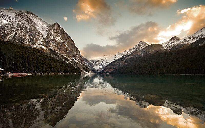 Mountain Lake Reflection — Green, Serene, Sunset, Photograph, Mountains, Forest, Sky, Blue, White