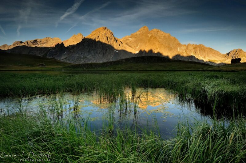 Mountain Lake Reflection — Green, Serene, Sunset, Photograph, Mountains