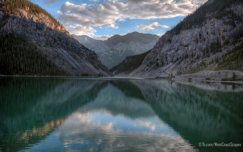 Mountain Lake Reflection — Green, Serene, Sunset, Photograph, Mountains, Trees, Clouds