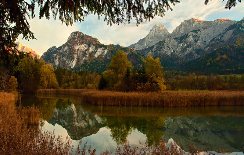 Mountain Lake Reflection — Green, Serene, Sunset, Photograph, Mountains, Trees, Reeds