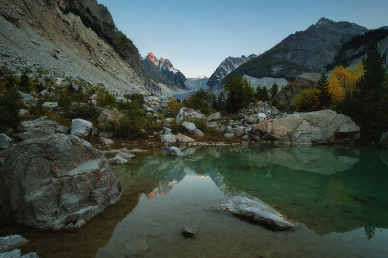 Mountain Lake Reflection — Green, Serene, Sunset, Photograph, Mountains, Trees, Rocks