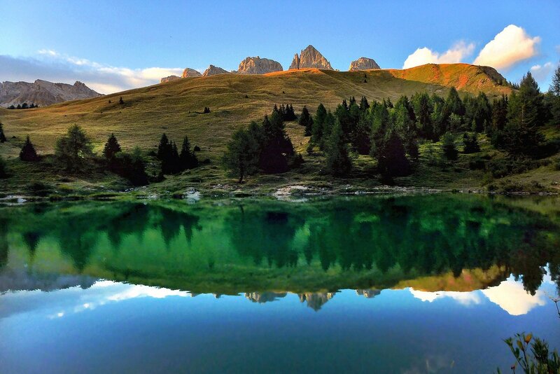 Mountain Lake Reflection — Green, Serene, Sunset, Photograph, Mountains, Trees, Sky